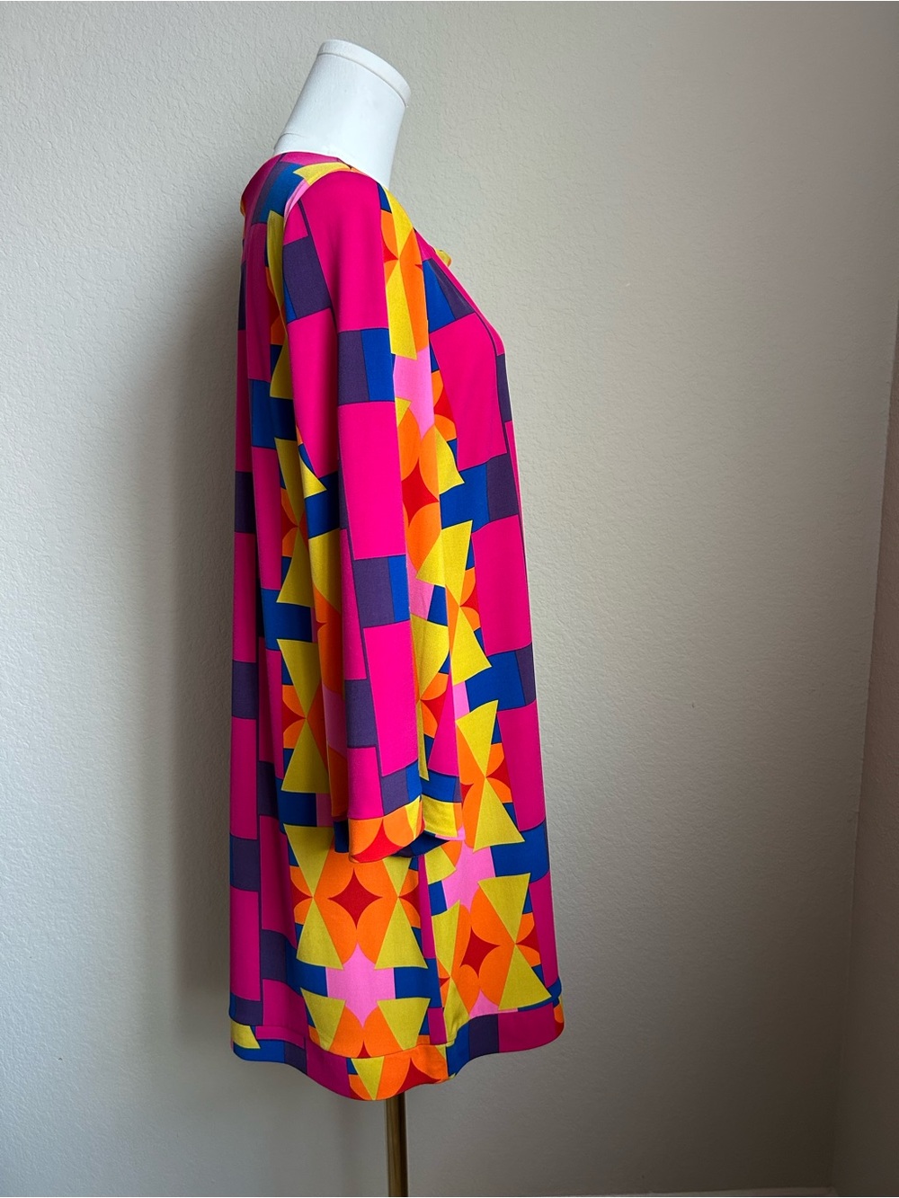 Marlow Vibrant Geometric Dress, Hot Pink, Yellow, Blue & Orange. Flair sleeves - Picture 2 of 6
